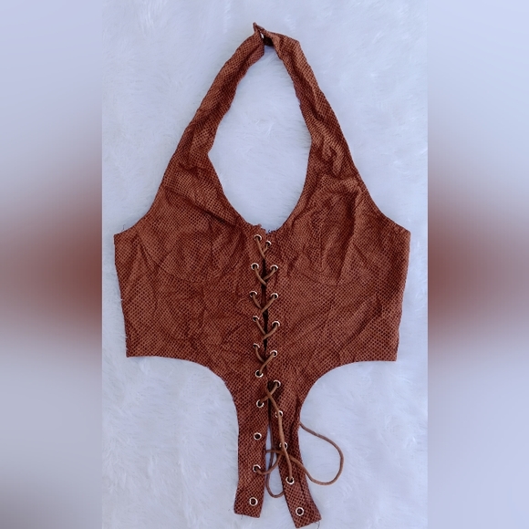 Chocolate snake faux suede dip hem lace up halterneck - Picture 6 of 8